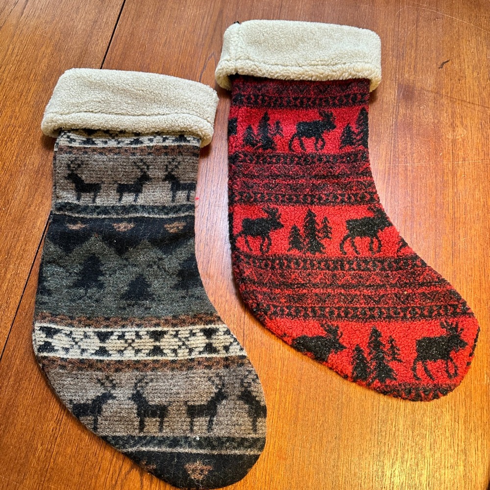 TWO Woolrich Christmas Stockings Moose Reindeer Sherpa Wool Blend Alaska Outdoor
